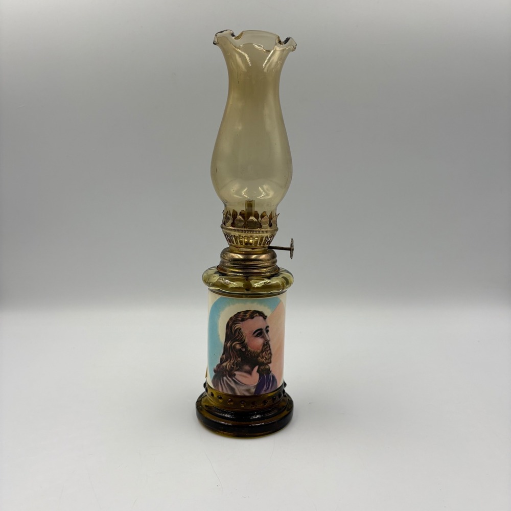 Vintage Jesus Christ Amber Glass Oil Lamp Hong Kong Religious Hurricane Small 8"